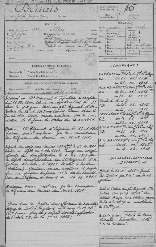 Fiche matricule militaire de Joseph Druais, soldat breton de la Première Guerre mondiale, archives pour recherches généalogiques.