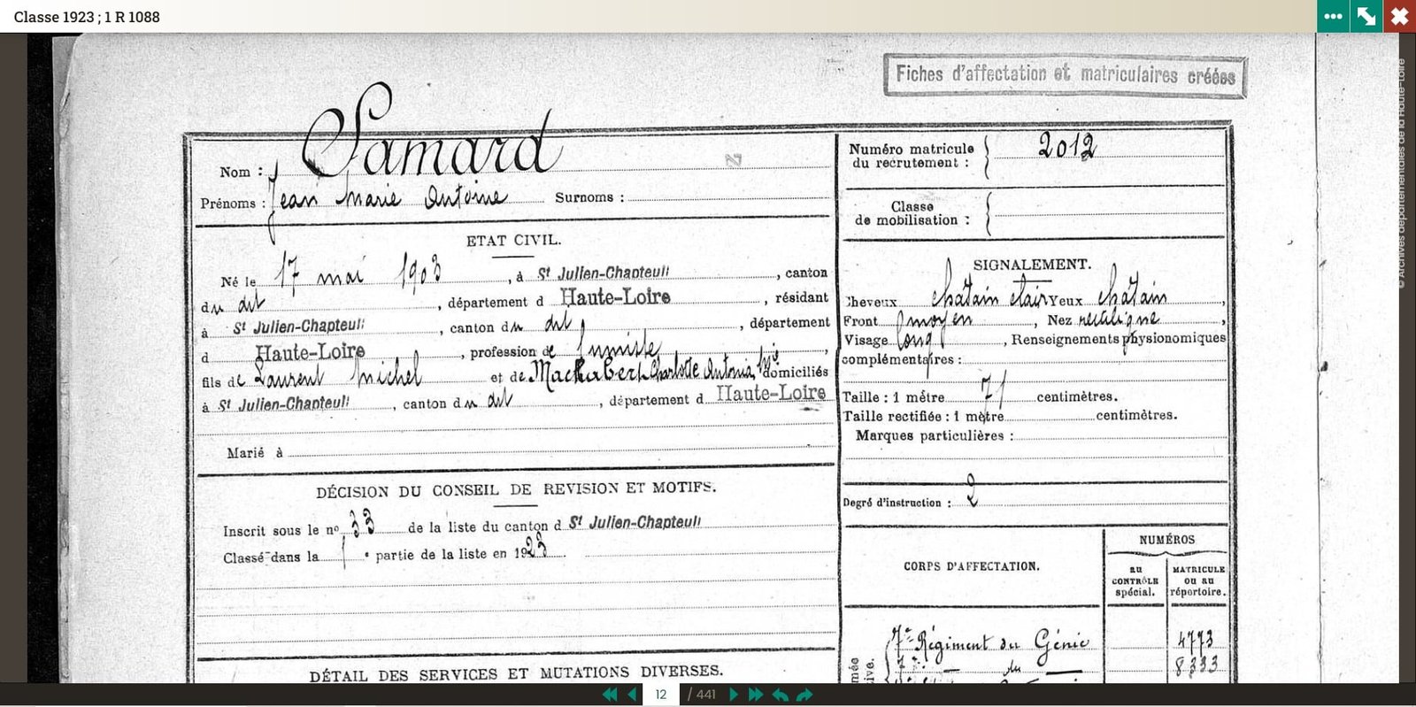  ​La Haute-Loire met en ligne les registres matricules des classes 1922 et 1923