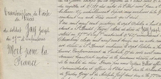 Exemple d'acte d'état civil savoyard avec une mention marginale "Mort pour la France"
