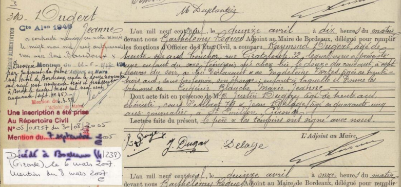 Mention marginale d'un acte de naissance de Bordeaux datant du XXe siècle, utilisée pour des recherches généalogiques