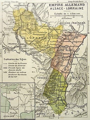 Carte de l'Alsace-Lorraine sous l'Empire allemand après l'annexion de 1871, avec frontières et divisions administratives