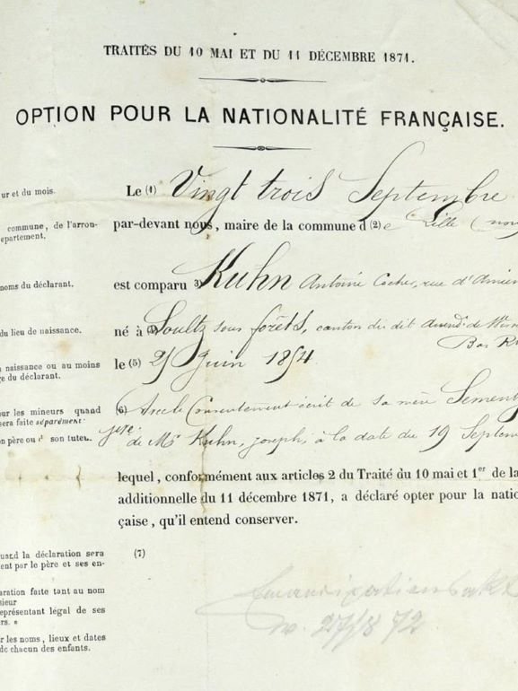 Document officiel d'option pour la nationalité française signé en 1871 par un Alsacien-Lorrain après l'annexion par l'Allemagne