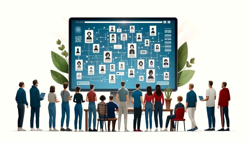 Un groupe de personnes collaborant autour d'un arbre généalogique numérique interactif, symbolisant les recherches et l'unité familiale