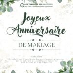Carte cadeau pour un anniversaire de mariage avec un design raffiné en feuilles, idéale pour offrir une prestation généalogique et retracer l’histoire familiale.