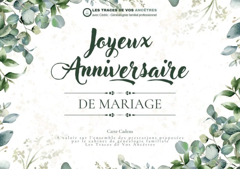 Carte cadeau pour un anniversaire de mariage avec un design raffiné en feuilles, idéale pour offrir une prestation généalogique et retracer l’histoire familiale.