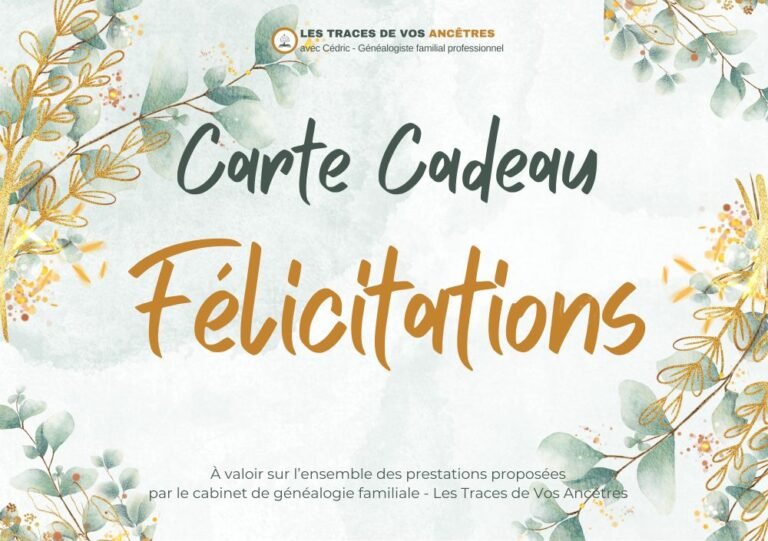 Carte cadeau de félicitations pour une prestation de généalogie, idéale pour un mariage.