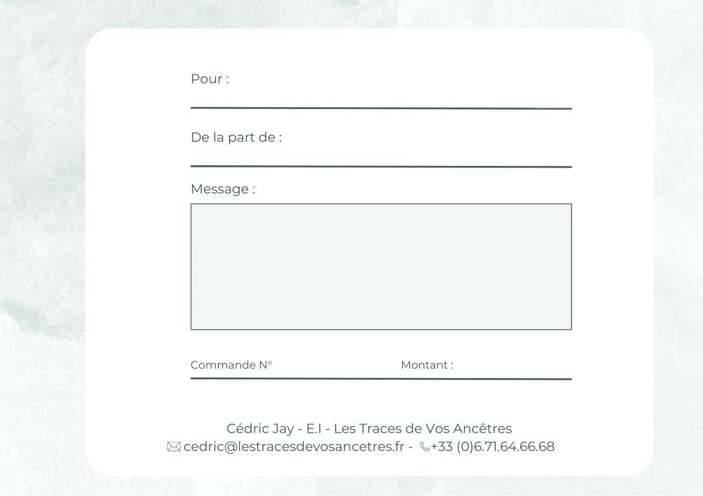 Carte cadeau de félicitations pour une prestation de généalogie, idéale pour un mariage.