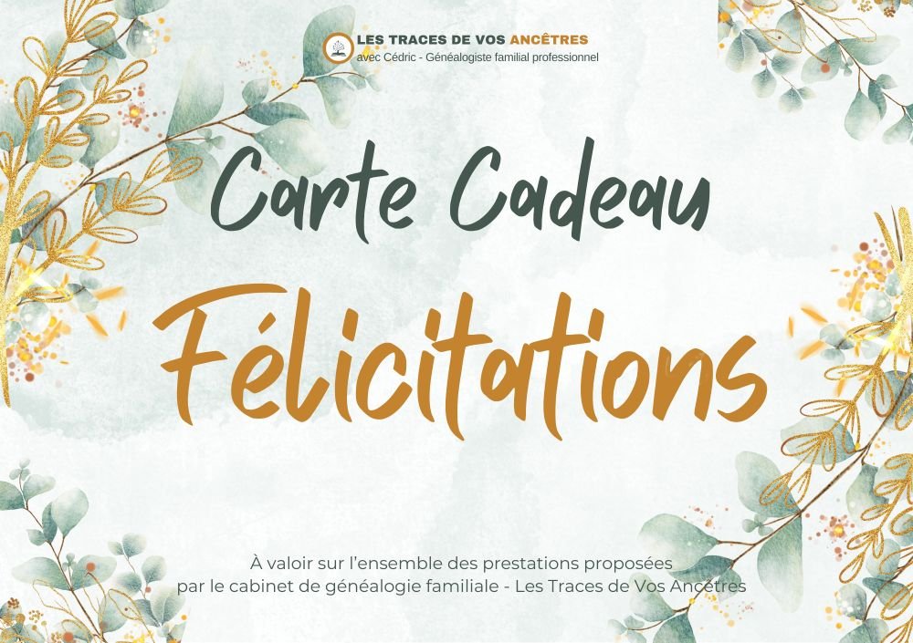 Carte cadeau de félicitations pour une prestation de généalogie, idéale pour un mariage.
