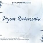 Carte cadeau d’anniversaire élégante en bleu pour une prestation de généalogie, idéale pour offrir un arbre familial personnalisé et retracer son histoire.