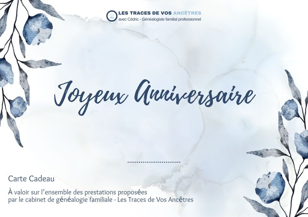Carte cadeau d’anniversaire élégante en bleu pour une prestation de généalogie, idéale pour offrir un arbre familial personnalisé et retracer son histoire.
