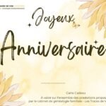 Carte cadeau d’anniversaire au design floral pour une prestation de généalogie, idéale pour offrir un arbre familial personnalisé et retracer son histoire.
