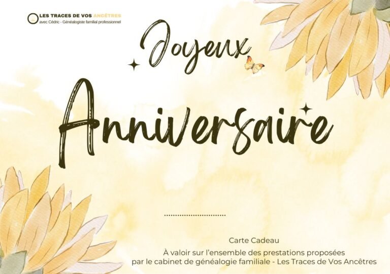 Carte cadeau d’anniversaire au design floral pour une prestation de généalogie, idéale pour offrir un arbre familial personnalisé et retracer son histoire.