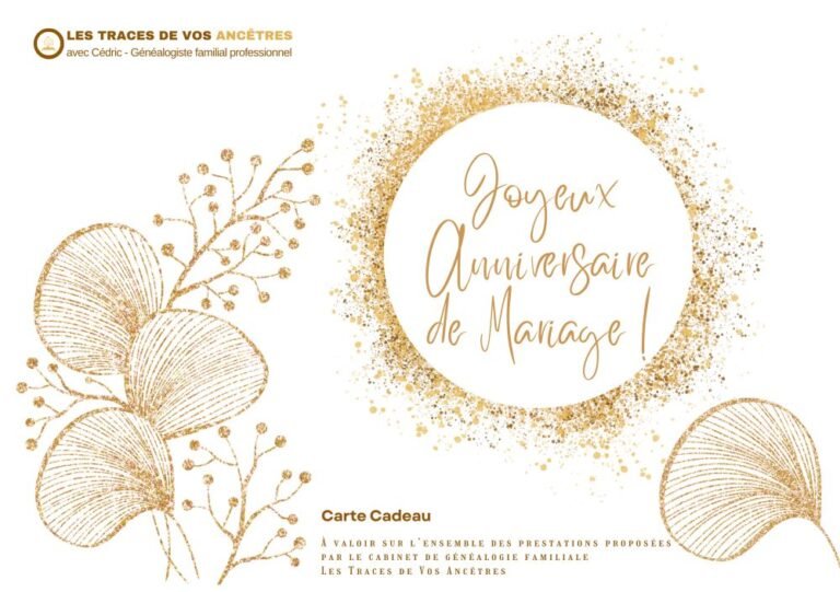 Carte cadeau d'anniversaire de mariage avec design doré raffiné, idéale pour offrir une prestation généalogique et retracer l’histoire familiale d’un couple.