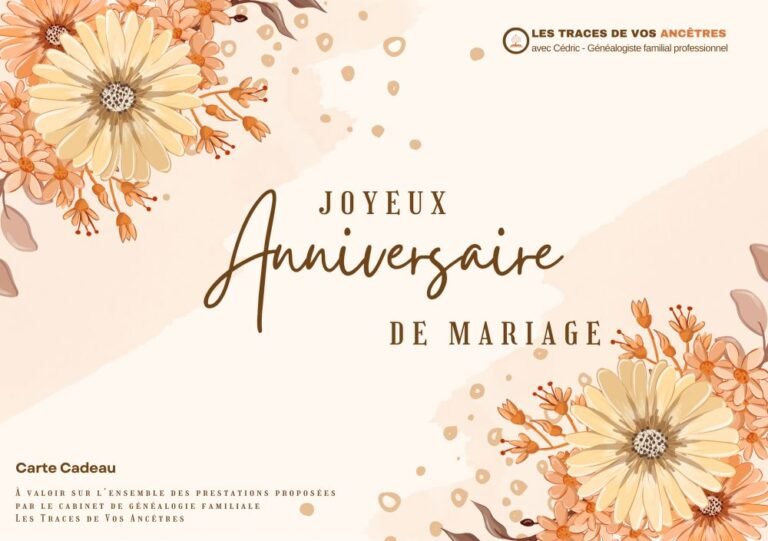 Carte cadeau d'anniversaire de mariage avec un design floral élégant, idéale pour offrir une prestation de généalogie et retracer l’histoire familiale d’un couple.