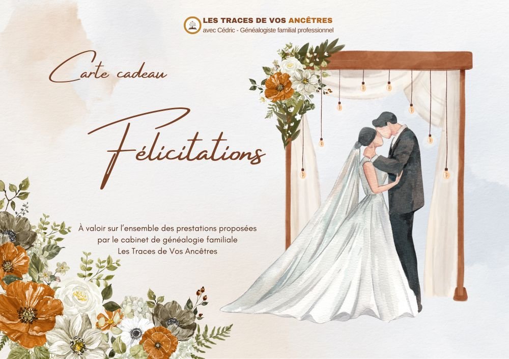 Carte cadeau de mariage pour une prestation de généalogie, idéale pour offrir aux jeunes mariés la découverte de leur histoire familiale