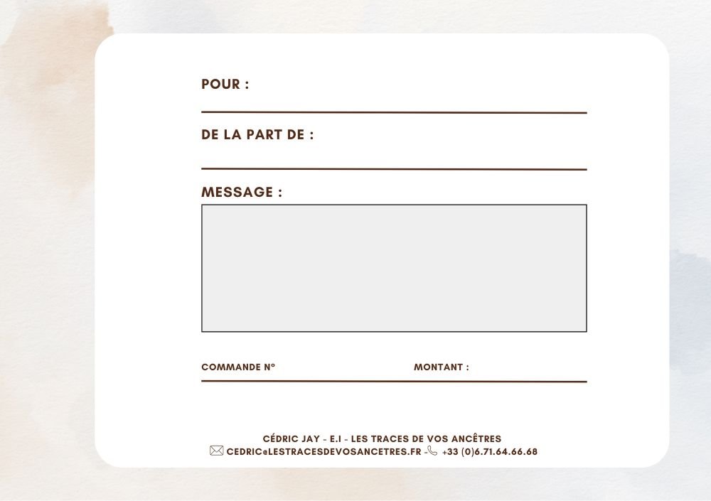 Carte cadeau de mariage pour une prestation de généalogie, idéale pour offrir aux jeunes mariés la découverte de leur histoire familiale