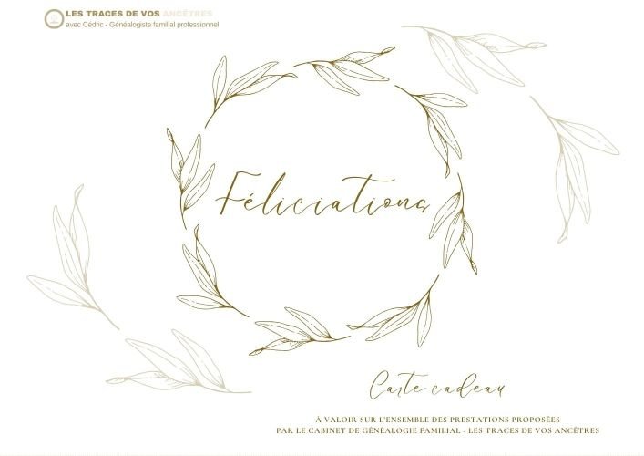 Carte cadeau élégante pour une prestation de généalogie, idéale pour un mariage ou une célébration spéciale.