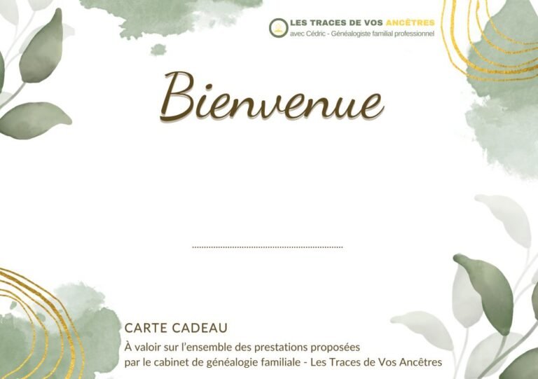 Carte cadeau naissance pour une prestation de généalogie, idéale pour offrir un arbre familial au bébé et transmettre l’histoire de ses ancêtres.