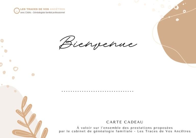 Carte cadeau naissance pour une prestation de généalogie, idéale pour offrir un arbre familial au bébé et transmettre l’histoire des ancêtres.