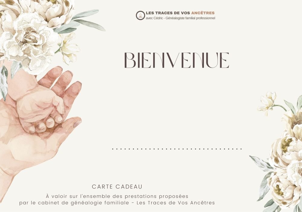 Carte cadeau naissance pour une prestation de généalogie, idéale pour offrir un arbre familial au nouveau-né et retracer ses origines.