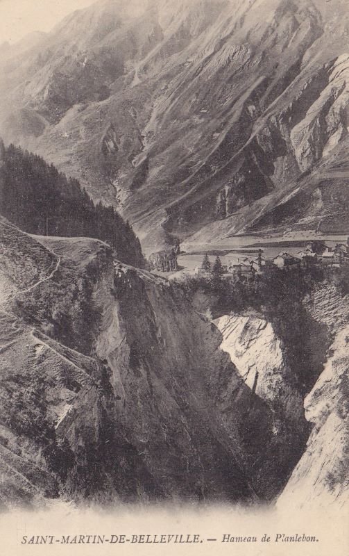 Carte postale ancienne du hameau de Planlebon à Saint-Martin-de-Belleville, représentant un paysage de montagne en Savoie