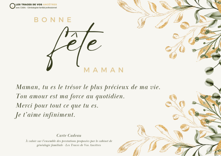 Carte cadeau généalogie pour la fête des mères avec citation émouvante et décor végétal