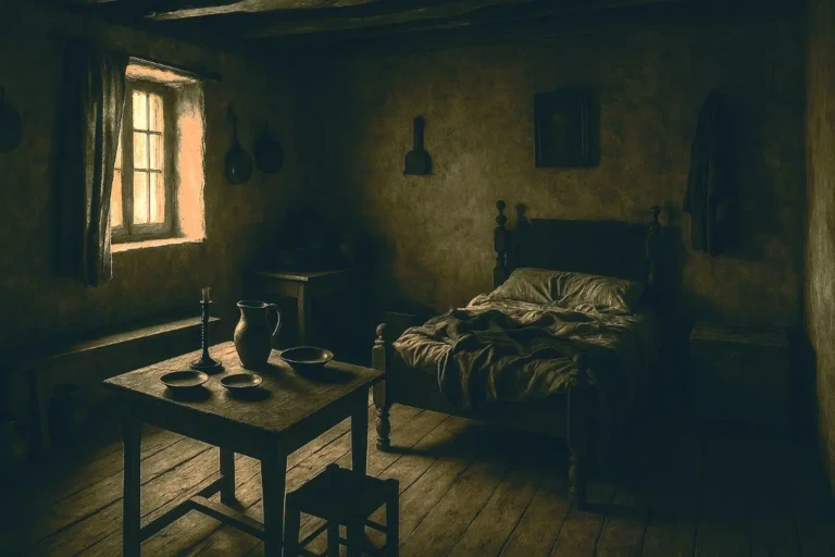 Intérieur paysan du XIXe siècle avec lit défait, coffre, table et vaisselle, illustrant un inventaire après décès en généalogie.