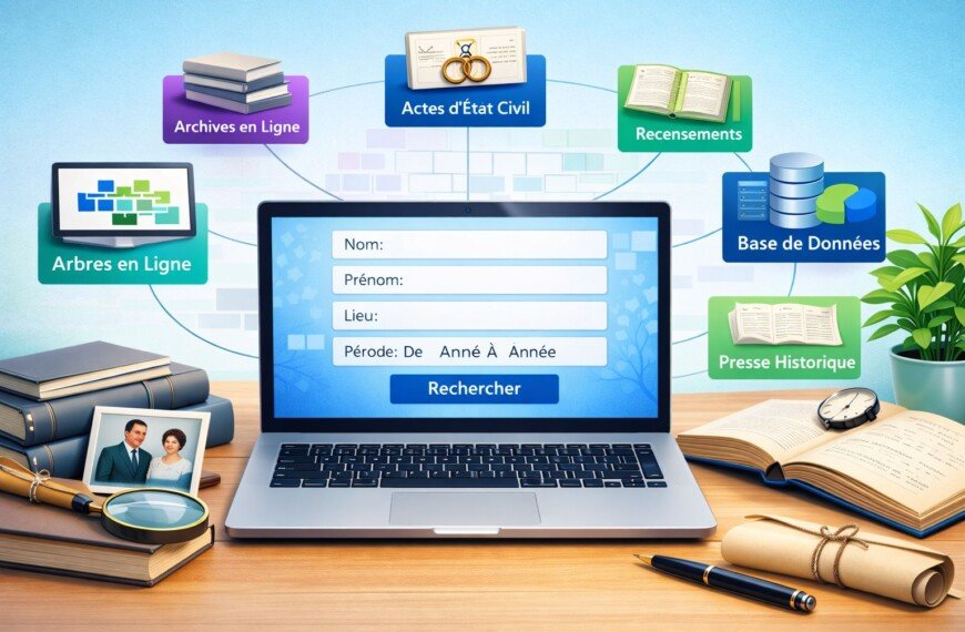 Outil de recherche généalogique unifiée avec formulaire central et accès aux archives en ligne, actes d’état civil, recensements, arbres généalogiques, bases de données et presse historique.