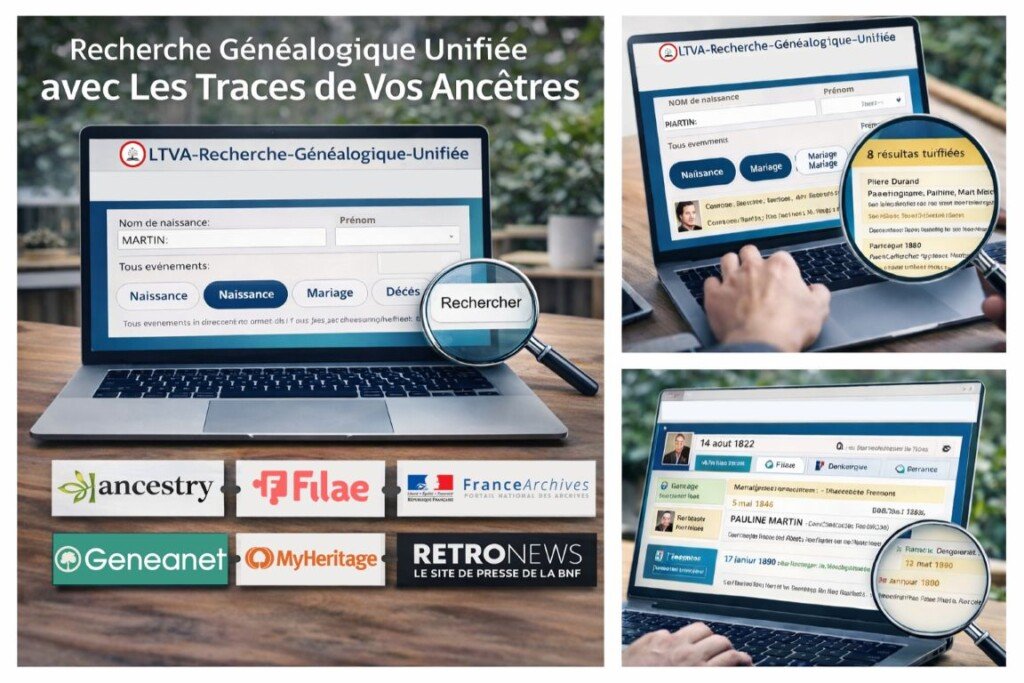 Visuel promotionnel de l’application LTVA Recherche Généalogique Unifiée avec interface de recherche généalogique multi-sites sur ordinateur portable.