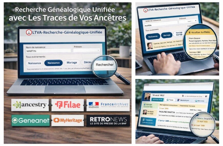 Visuel promotionnel de l’application LTVA Recherche Généalogique Unifiée avec interface de recherche généalogique multi-sites sur ordinateur portable.