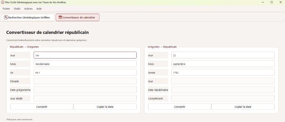 Capture du convertisseur de calendrier dans l’application Mes Outils Généalogiques avec Les Traces de Vos Ancêtres