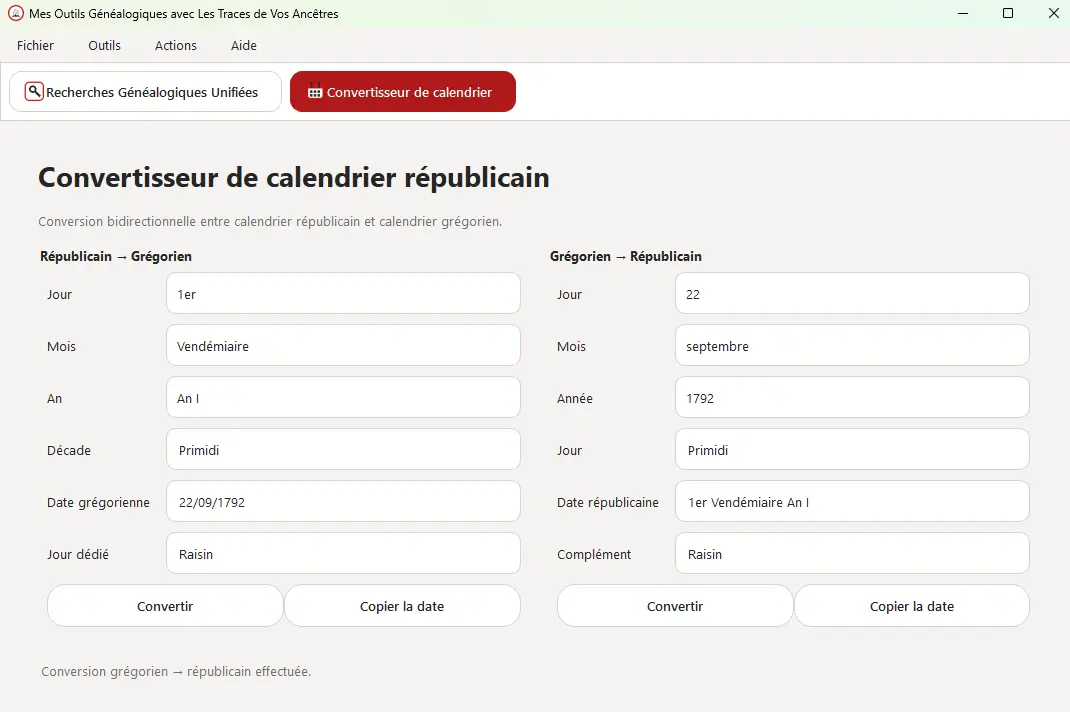Capture du convertisseur de calendrier dans l’application Mes Outils Généalogiques avec Les Traces de Vos Ancêtres