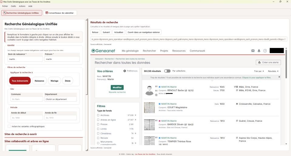 Capture du logiciel Mes Outils Généalogiques avec Les Traces de Vos Ancêtres