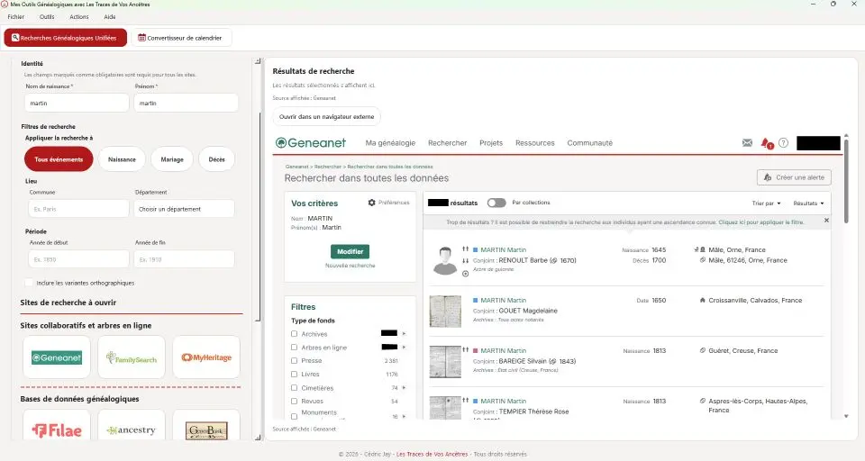 Capture de la Recherche Généalogique Unifiée dans le logiciel Mes Outils Généalogiques